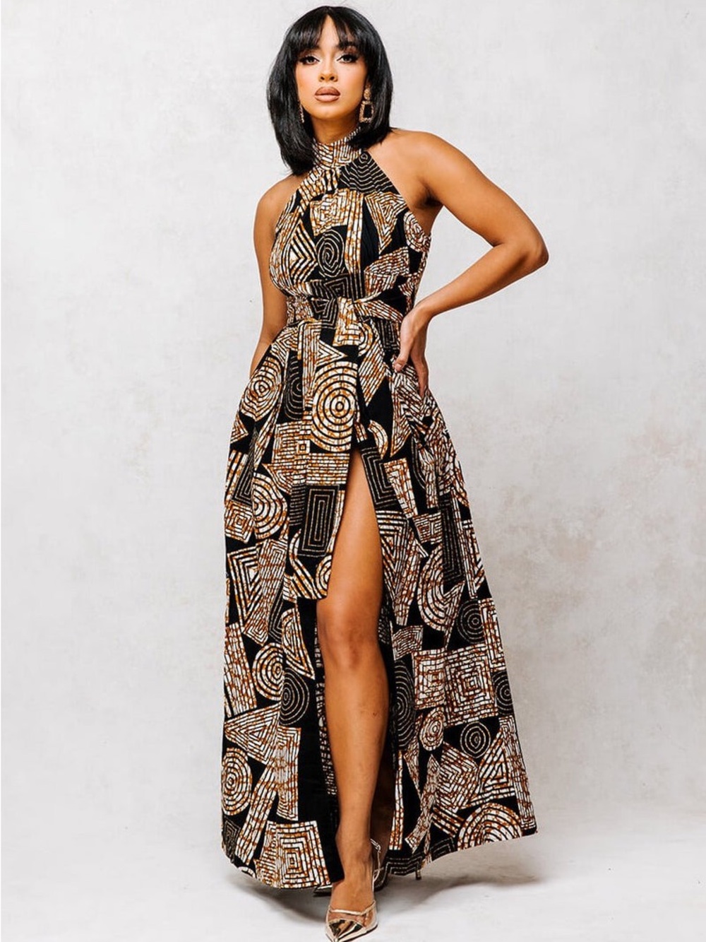 Geometric Halter Maxi Dress in Black and Gold